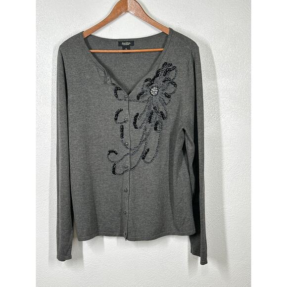 VTG Peck & Peck Cardigan Sweater XL Grey Beaded Floral Coquette Fairy Goth - Picture 1 of 11
